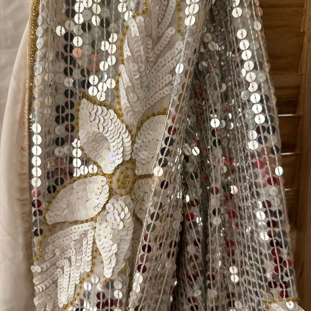 ASOS EDITION floral sequin wrap mini dress in white and silver size 12 - Picture 8 of 10